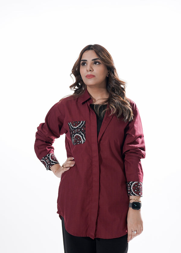Nroots – Maroon Ajrak Accent Shirt